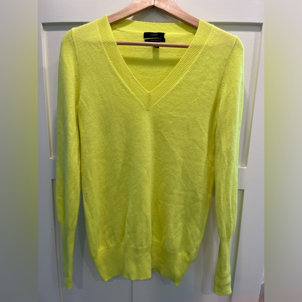 J CREW Italian Cashmere Neon Yellow V Neck Sweater - M